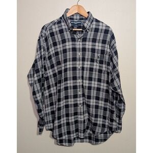 Ralph Lauren Flannel Shirt Mens XL Navy Blue Plaid Long Sleeve Cotton Invisible‎
